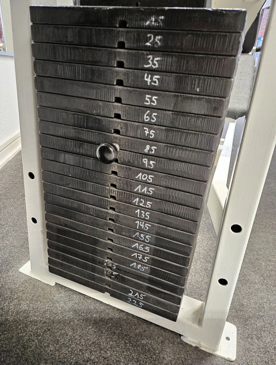 Beinpresse Oldschool, Leg Press, 225kg Gewichtsblock, Hersteller wahrscheinlich Gym80 oder L+K oder Galaxy, Bodybuilding Kraftgerät - Rahmenfarbe Weiß, gebraucht mit Gebrauchsspuren - Image 7
