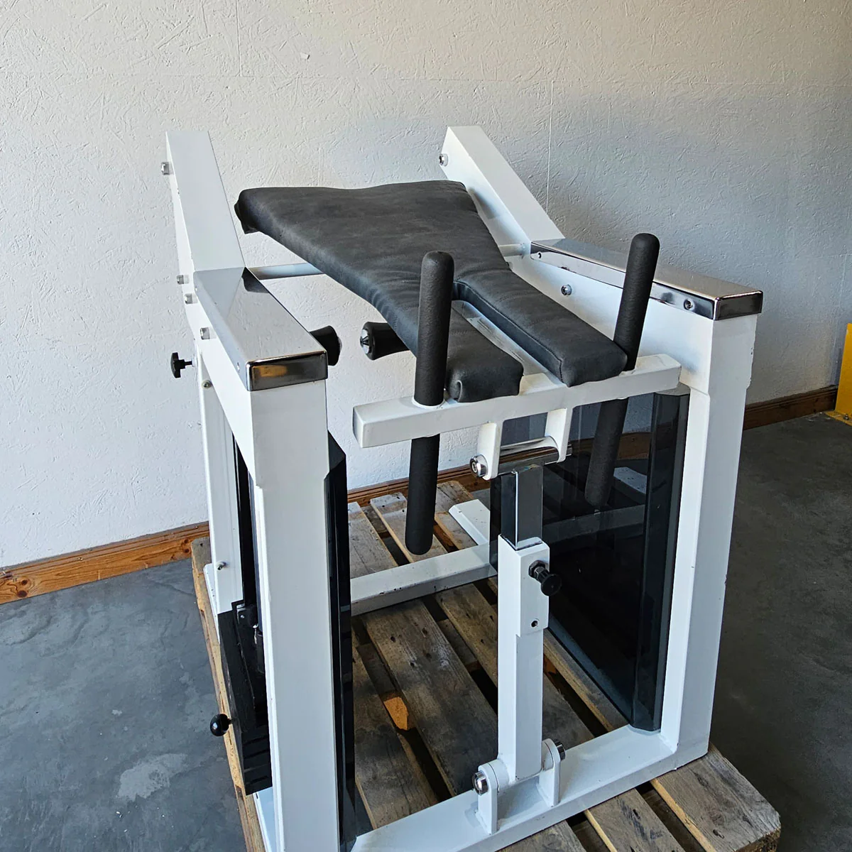 Bruns Pomaschine, Gluteusmaschine stehend, Glute Isolator Raise, Oldschool Bodybuilding Kraftgerät, Rahmen Weiß, gebraucht mit Gebrauchsspuren - Image 4