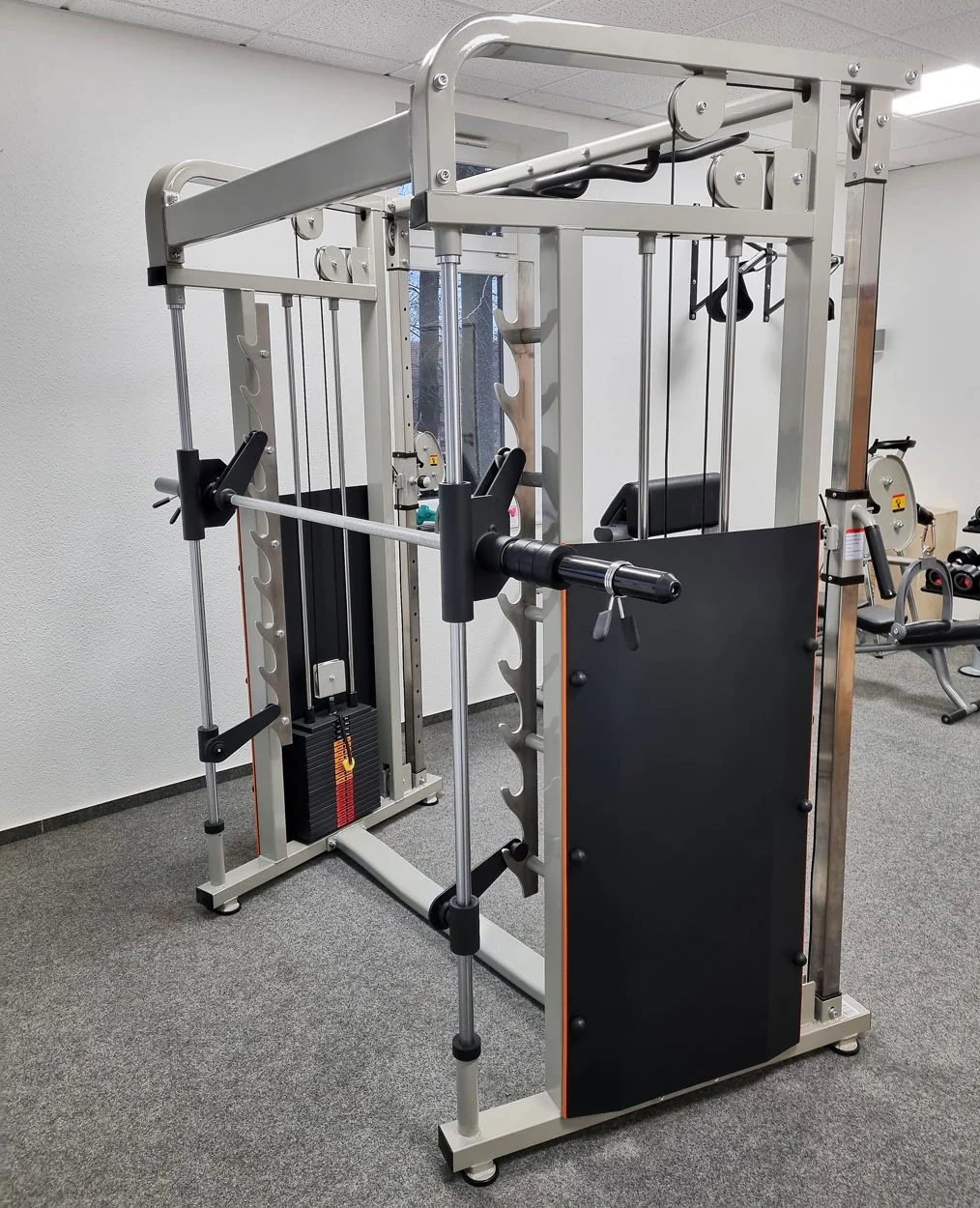 DankSport Enger Doppel Kabelzug höhenverstellbar und Multipresse geführt - 2 in 1 Kombigerät - Dual adjustable Cable Pulley and Smith Machine - 2x 100kg Gewichtsblöcke - Silber - NEU - Image 10