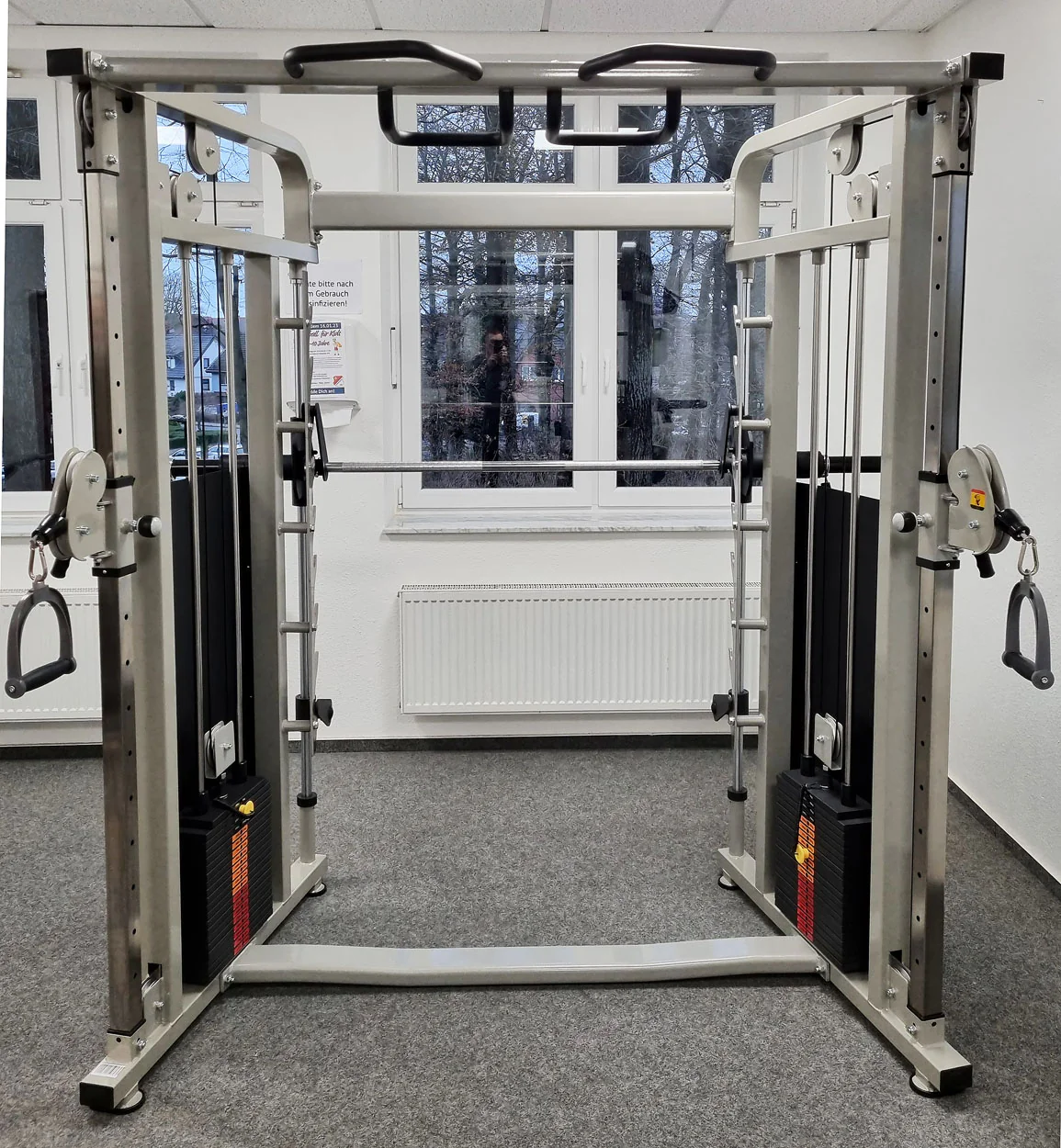 DankSport Enger Doppel Kabelzug höhenverstellbar und Multipresse geführt - 2 in 1 Kombigerät - Dual adjustable Cable Pulley and Smith Machine - 2x 100kg Gewichtsblöcke - Silber - NEU - Image 6