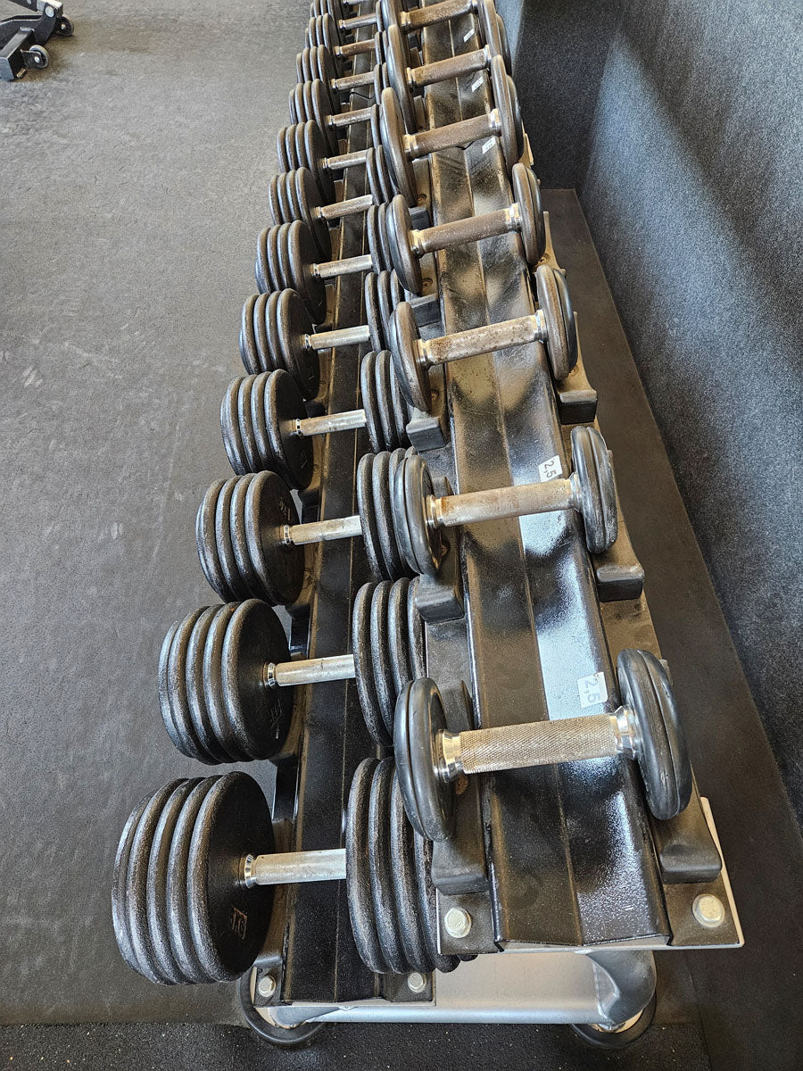 ElbeSport Kurzhantelsatz aus Guss von 2,5 bis 50kg in 2,5kg Stufen ( 20 Paare ) Oldschool, INKLUSIVE Kurzhantelablagen, gebraucht - mit Gebrauchsspuren - Image 7