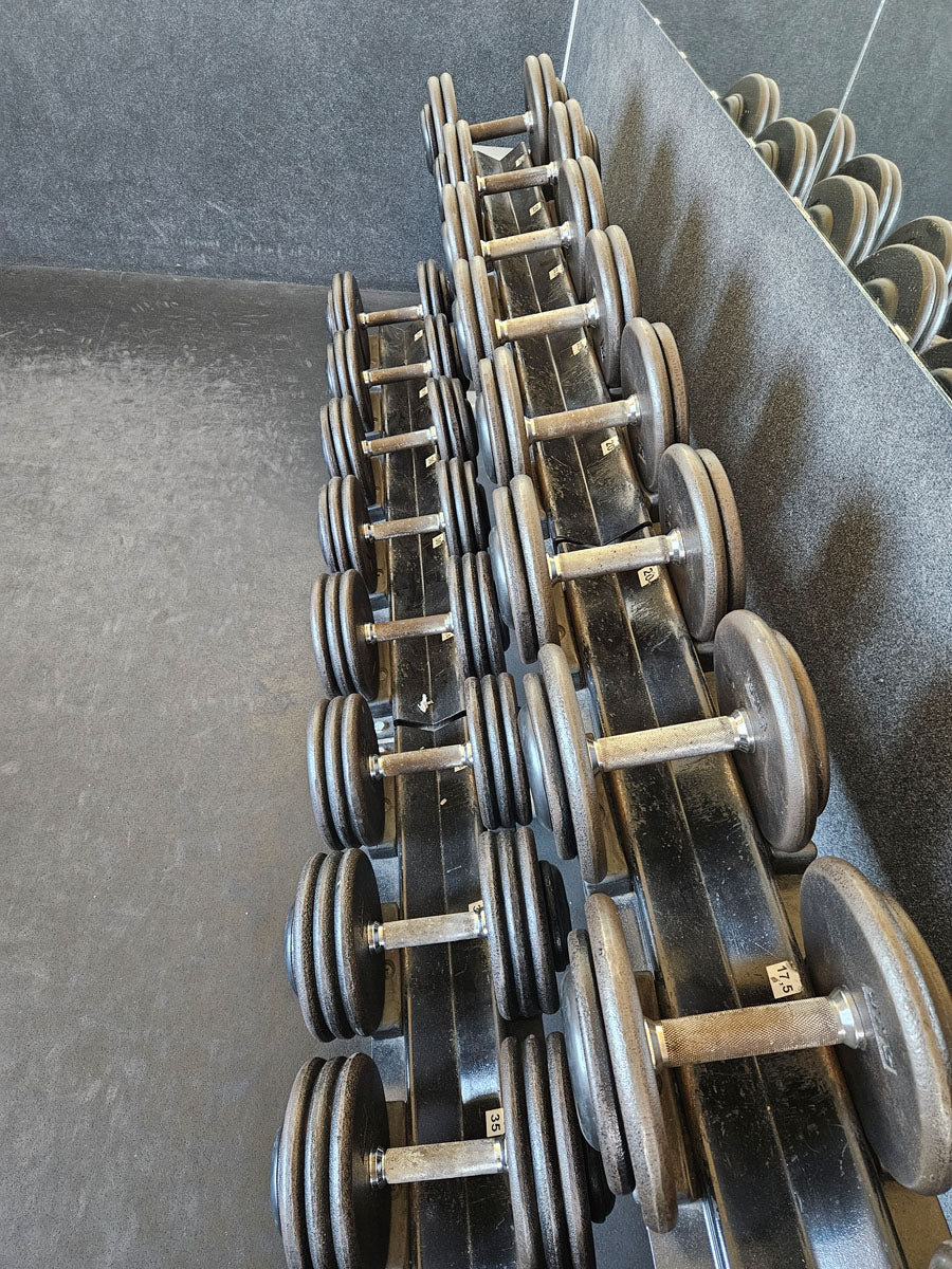 ElbeSport Kurzhantelsatz aus Guss von 2,5 bis 50kg in 2,5kg Stufen ( 20 Paare ) Oldschool, INKLUSIVE Kurzhantelablagen, gebraucht - mit Gebrauchsspuren - Image 9