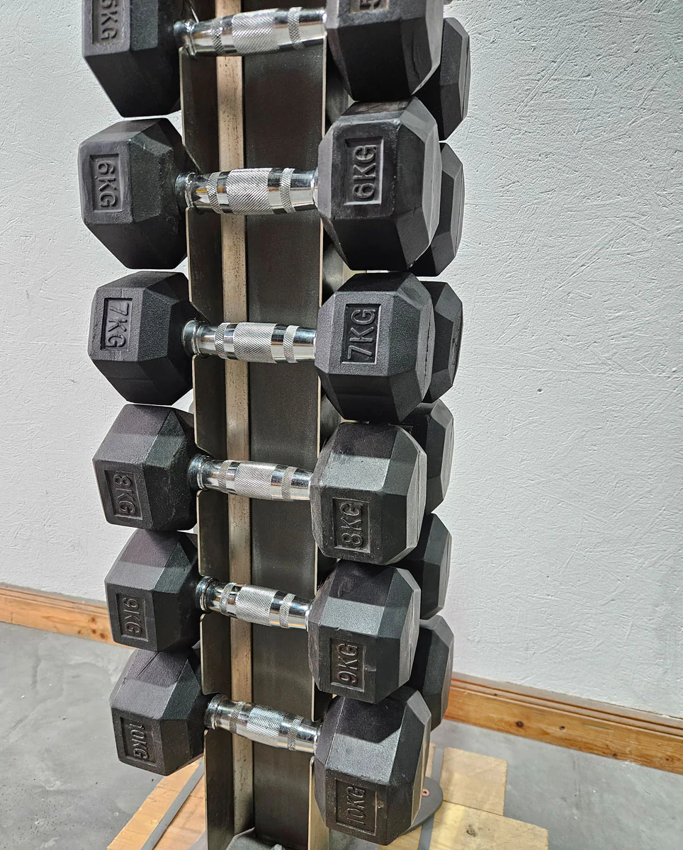 Gummi HEX Hantelsatz Paare 1-10kg, 10 Paare inkl. Ständer von Gymleco, Rahmenfarbe Anthrazit, Hexagonal Kurzhanteln, gebraucht mit Gebrauchsspuren - Image 4