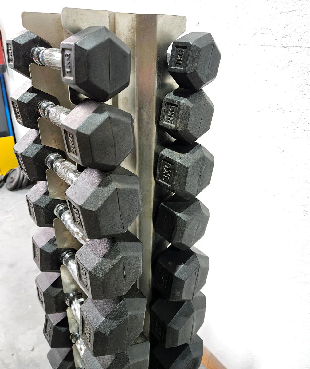 Gummi HEX Hantelsatz Paare 1-10kg, 10 Paare inkl. Ständer von Gymleco, Rahmenfarbe Anthrazit, Hexagonal Kurzhanteln, gebraucht mit Gebrauchsspuren - Image 5