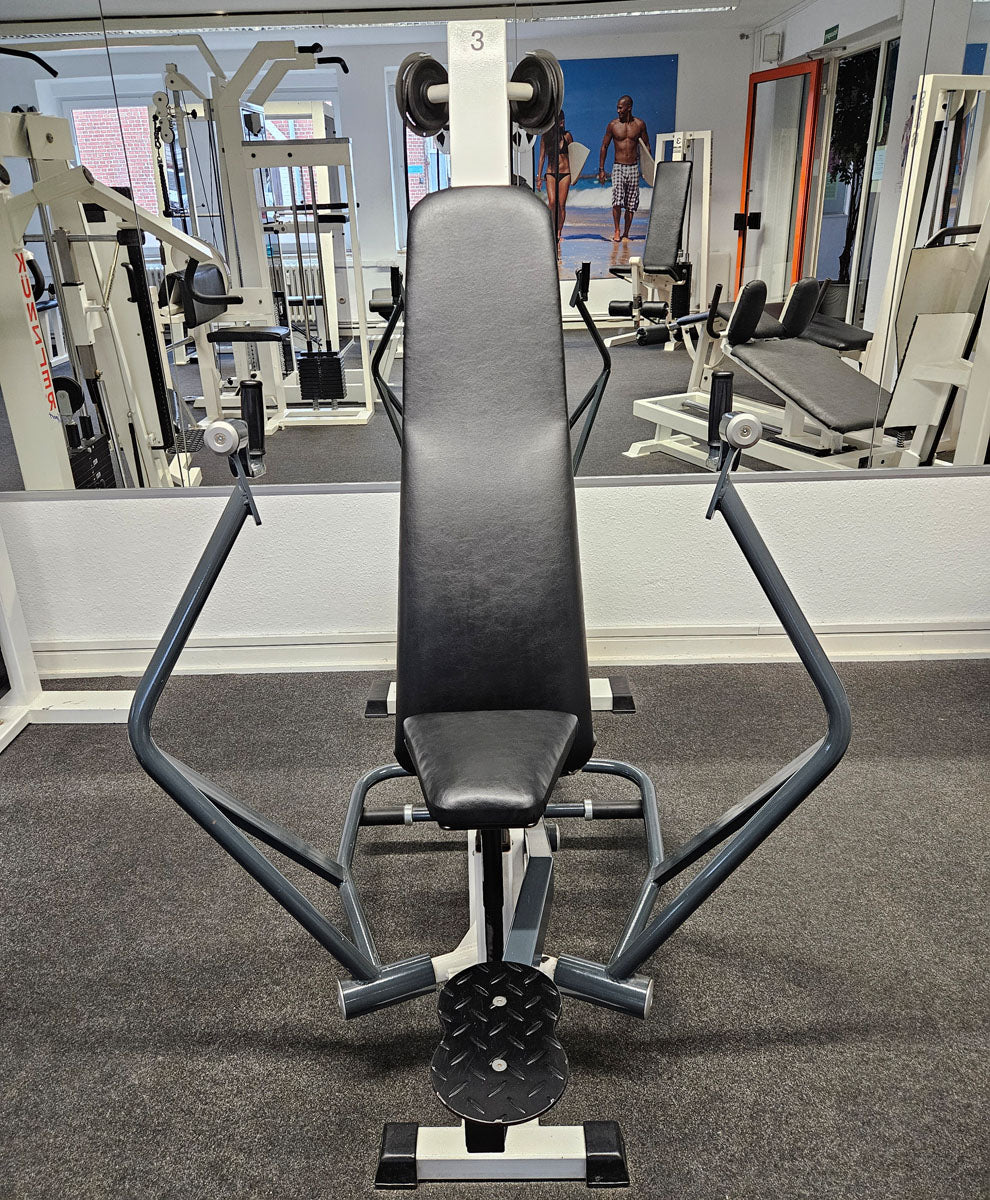 Künzler Bankdrückmaschine Bilateral, Chestpress, Brustpresse, Einstiegshilfe, 100kg Gewichtsblock, Oldschool Bodybuilding Kraftgerät, Rahmenfarbe Weiß, gebraucht und geprüft mit kleinen Gebrauchsspuren - Image 5