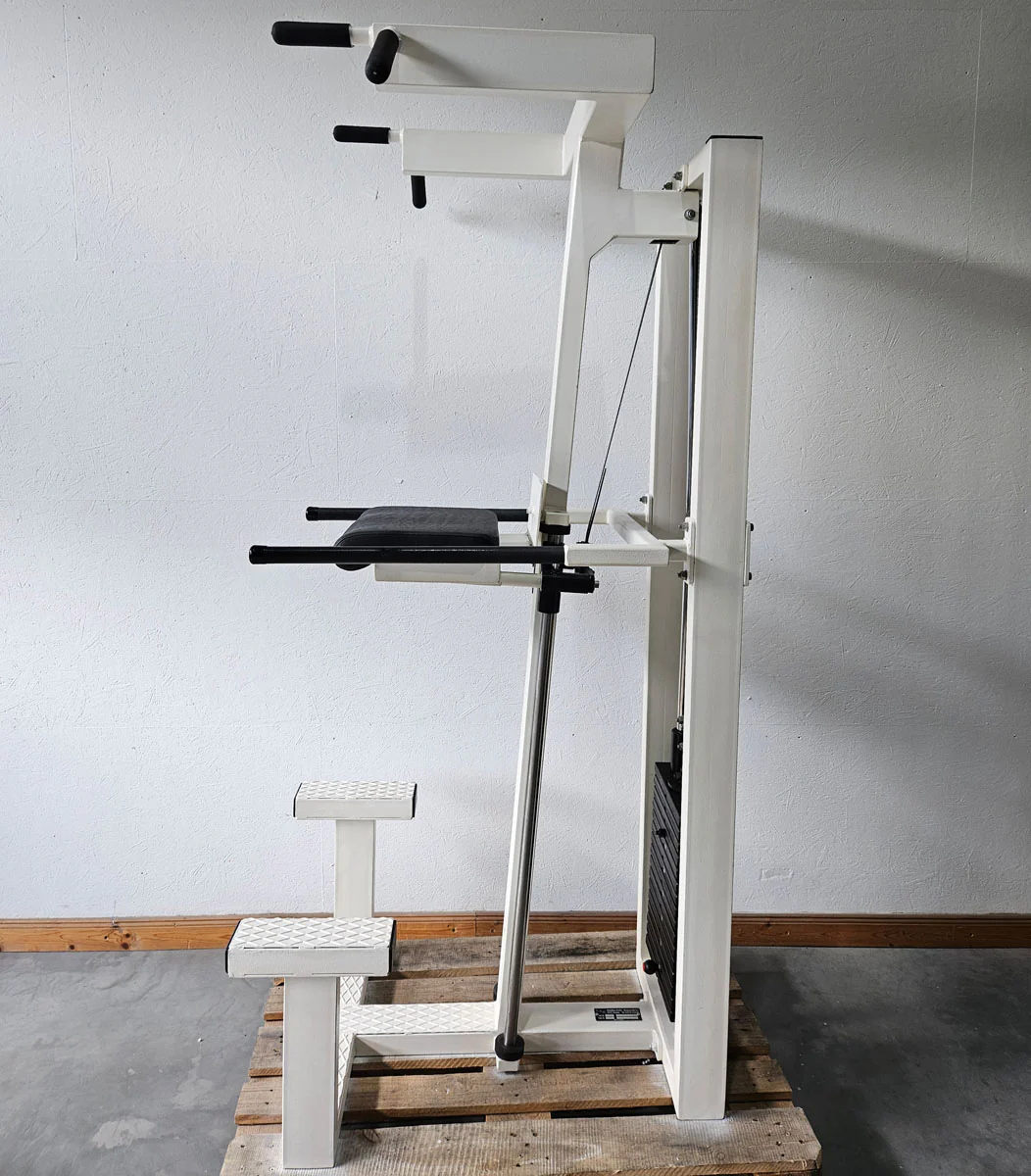 L+K Dip-Klimmzugmaschine mit Gewichtsunterstützung, Dip-Chin, Oldschool, Rahmen Weiß, gebraucht mit Gebrauchsspuren - Image 2