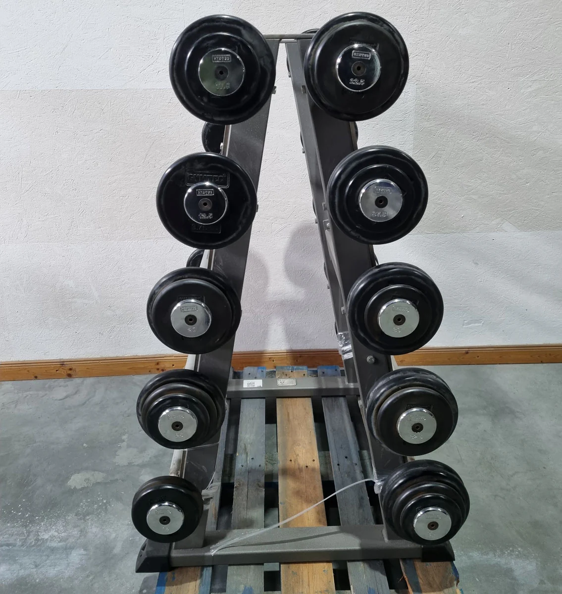 Langhantel Kompakt Set 12,5kg bis 35kg in 2,5kg Schritten, 10 Stück gesamt, ähnlich SZ Langhanteln, inkl. Ständer von Gymleco, Ständerfarbe Silber, gebraucht - Image 2