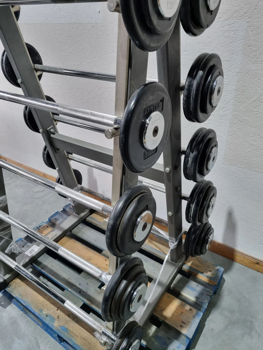 Langhantel Kompakt Set 12,5kg bis 35kg in 2,5kg Schritten, 10 Stück gesamt, ähnlich SZ Langhanteln, inkl. Ständer von Gymleco, Ständerfarbe Silber, gebraucht - Image 3