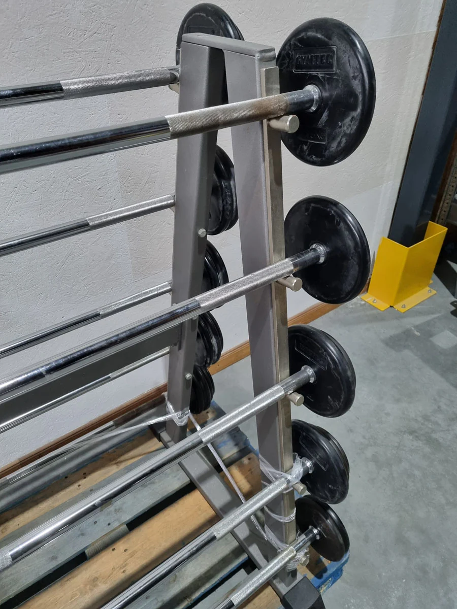 Langhantel Kompakt Set 12,5kg bis 35kg in 2,5kg Schritten, 10 Stück gesamt, ähnlich SZ Langhanteln, inkl. Ständer von Gymleco, Ständerfarbe Silber, gebraucht - Image 4