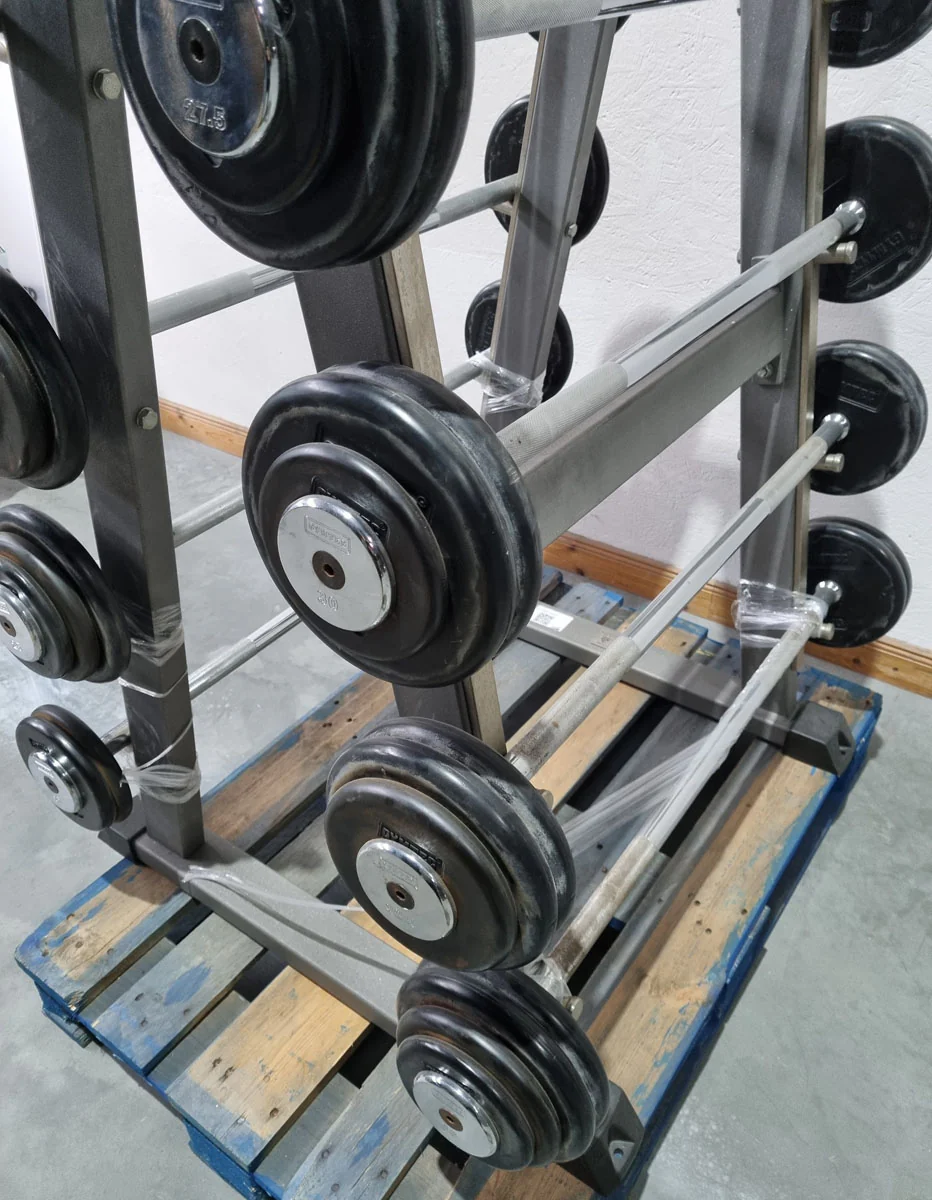 Langhantel Kompakt Set 12,5kg bis 35kg in 2,5kg Schritten, 10 Stück gesamt, ähnlich SZ Langhanteln, inkl. Ständer von Gymleco, Ständerfarbe Silber, gebraucht - Image 6
