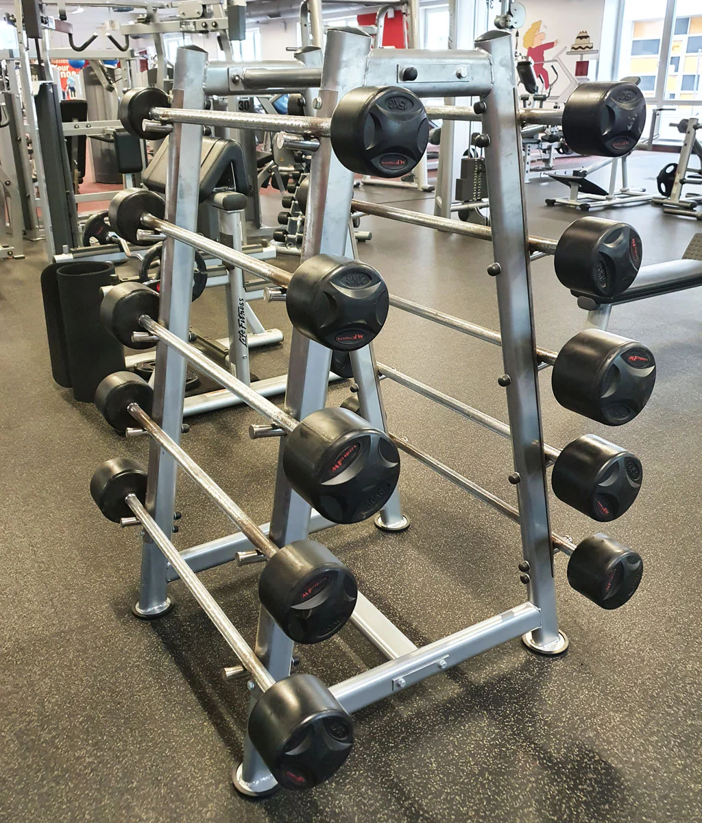 Langhantel Kompakt Set 15-40kg in 5kg Schritten, ähnlich SZ Langhanteln, inkl. Ständer, Ständerfarbe Silber, gebraucht - Image 2