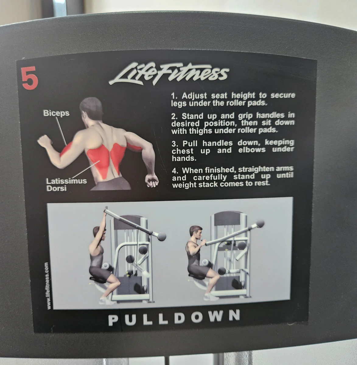 Life Fitness Latzug, Pulldown, 145kg Gewichtsblock, Signature Series, Rahmenfarbe Silber, Polsterfarbe Rot, gebraucht - überholter Zustand - Image 5