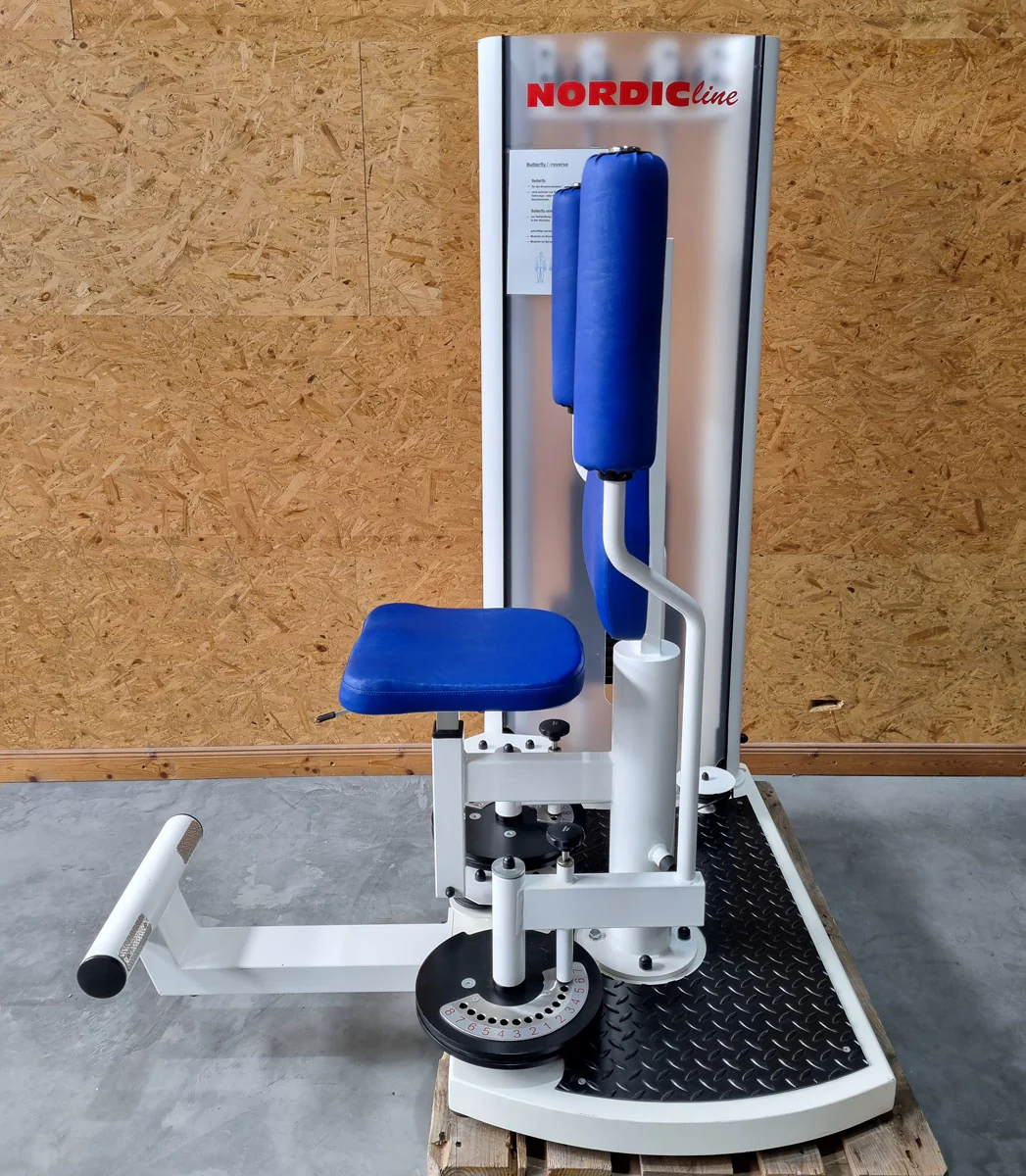 Pego Sport NordicLine Butterfly und Butterfly Reverse - 2 in 1 Kombimaschine, Butterfly - Press Back Kombi, Fly and Rear Delt, Rahmenfarbe Weiß, Polsterfarbe Blau, gebraucht - überholter Zustand - Image 4