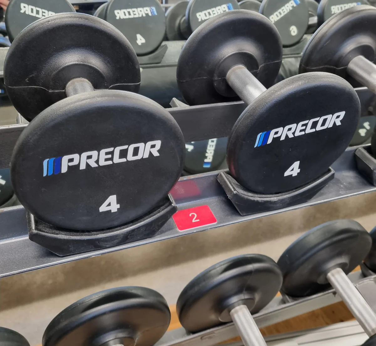 Precor Kurzhantel Satz aus PU Polyurethan Gummiert, 2 bis 30kg, verschiedene Stufen, erst 3 Jahre alt, Schwarz, gebraucht - guter Zustand - Image 2