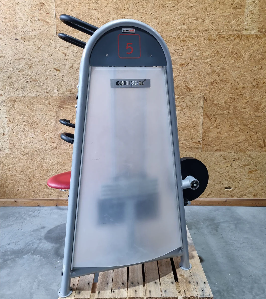 Proxomed Schulterblattfixator Stützstemme Kombi, Compass 530, Latzug und Dips 2 in 1 Kombigerät, MPG, Reha, Rahmenfarbe Silber, Polsterfarbe Rot, gebraucht - überholter Zustand - Image 5