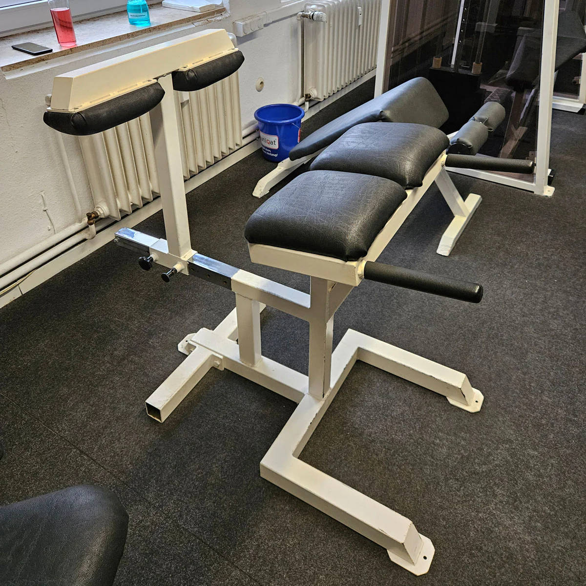 Rückenstreckerbank 90° Hyperextension verstellbar zum training der unteren Rückenmuskulatur, Oldschool Bodybuilding, Rahmenfarbe Weiß, gebraucht und geprüft mit Gebrauchsspuren - Image 3