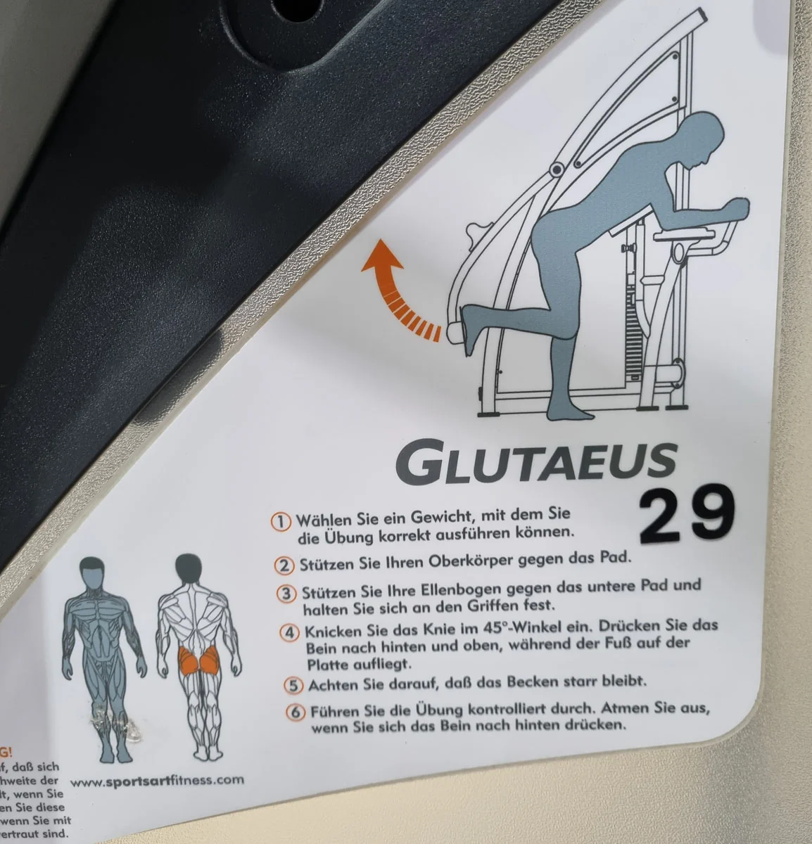 SportsArt Gluteus Maschine S955 A955 N955 Pomaschine stehend, Glutes Kick Radial, Rahmenfarbe Silber, Polsterfarbe Orange/Grau, gebraucht - überholter Zustand - Image 8