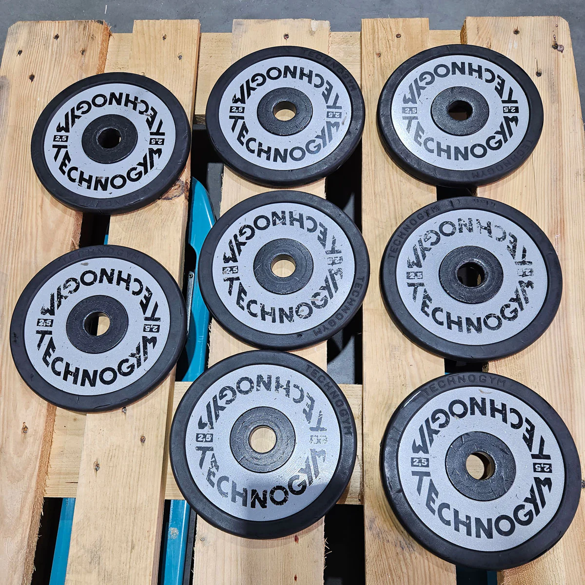 Technogym diverse Hantelscheiben, 230kg gesamt, 28mm Durchmesser, Guss mit Gummi Außen, 2,5kg - 5kg - 10kg und 20kg Scheiben, gebraucht mit Gebrauchsspuren - Image 7