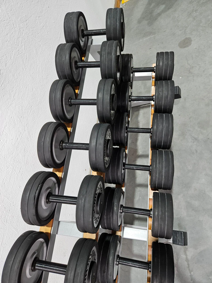Technogym Kurzhantelsatz aus Guss mit Gummi Außenringen von 12 bis 30kg in 2kg Stufen ( 10 Paare ) Oldschool, Inkl. Kurzhantelablage, gebraucht - mit Gebrauchsspuren - Image 5