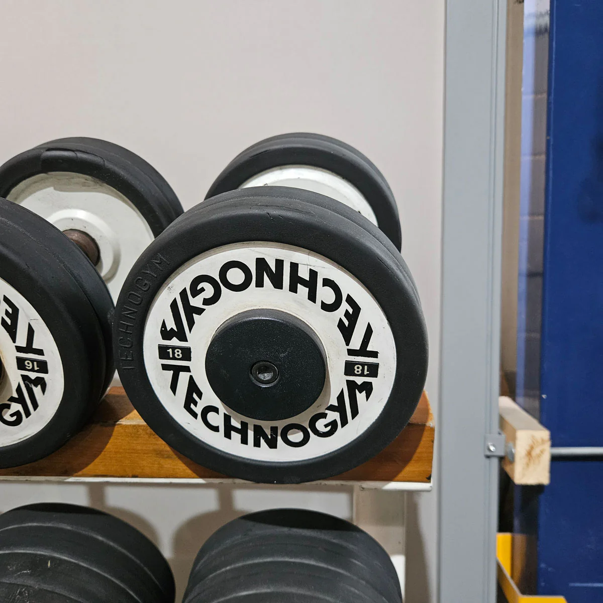 Technogym Kurzhantelsatz aus Guss mit Gummi Außenringen von 4 bis 32kg in 2kg Stufen ( 15 Paare ) Oldschool, Optional mit Kurzhantelablage, gebraucht - mit Gebrauchsspuren - Image 14