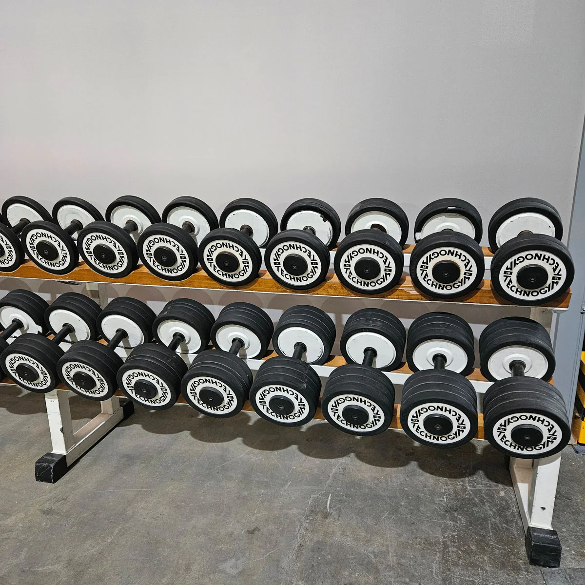 Technogym Kurzhantelsatz aus Guss mit Gummi Außenringen von 4 bis 32kg in 2kg Stufen ( 15 Paare ) Oldschool, Optional mit Kurzhantelablage, gebraucht - mit Gebrauchsspuren - Image 3