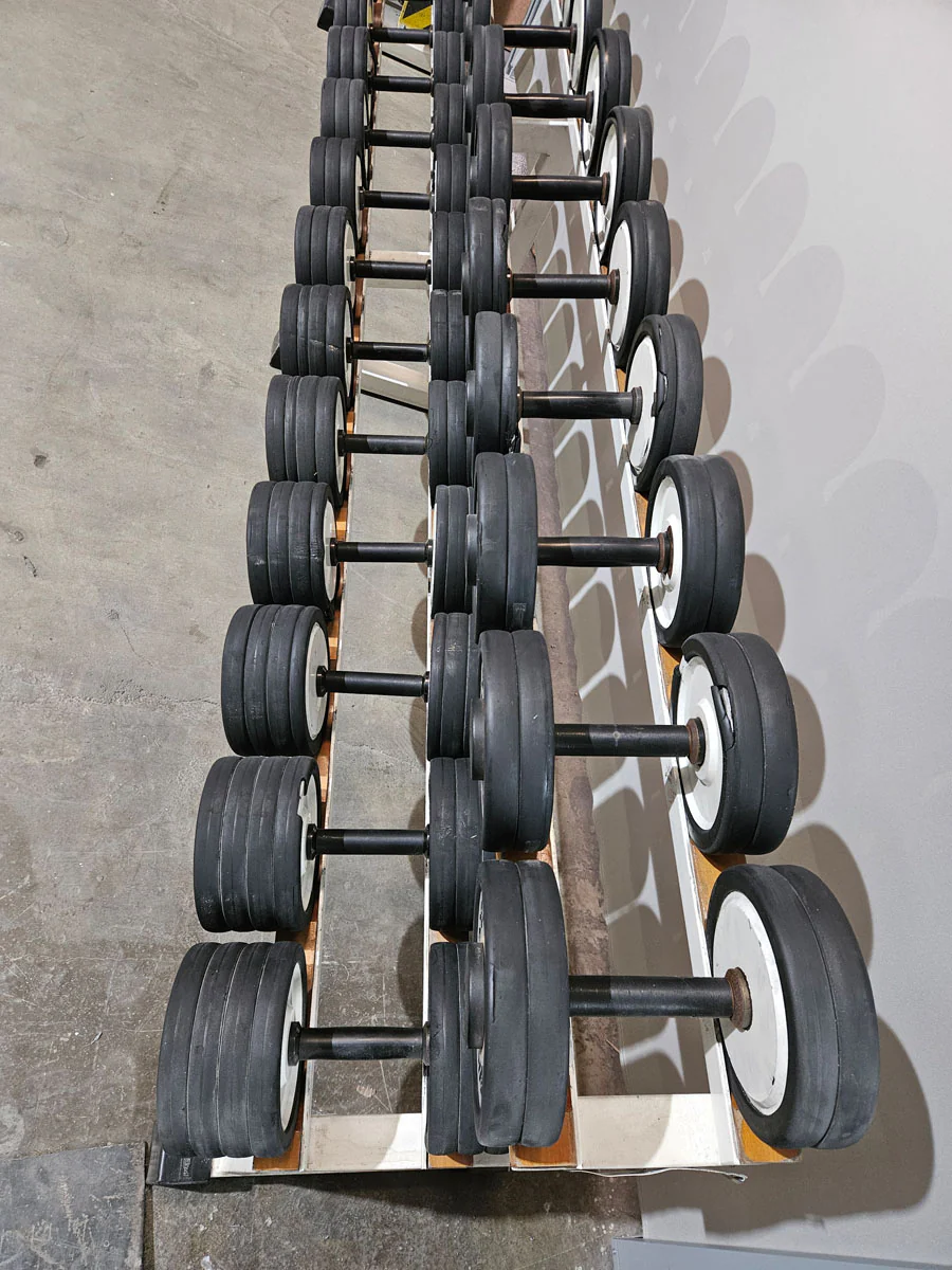 Technogym Kurzhantelsatz aus Guss mit Gummi Außenringen von 4 bis 32kg in 2kg Stufen ( 15 Paare ) Oldschool, Optional mit Kurzhantelablage, gebraucht - mit Gebrauchsspuren - Image 4