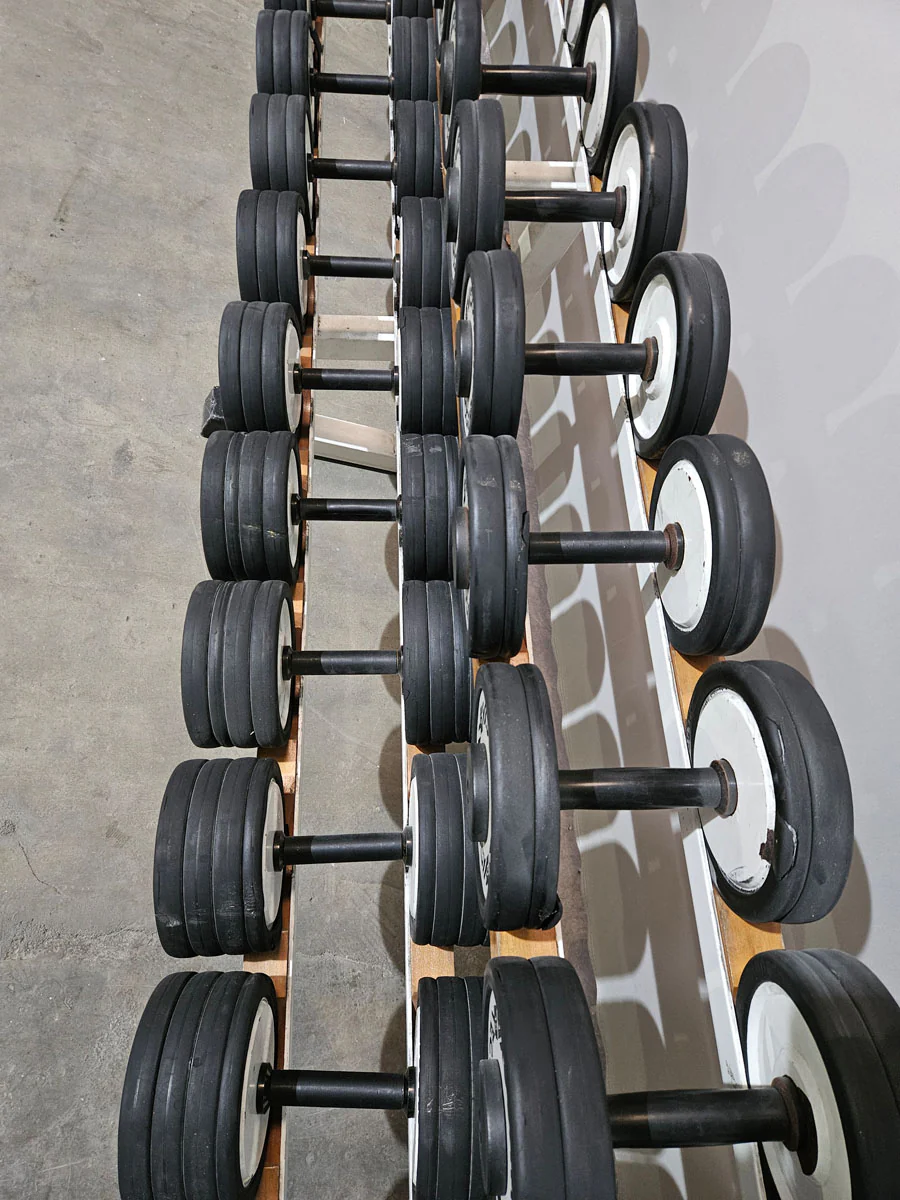 Technogym Kurzhantelsatz aus Guss mit Gummi Außenringen von 4 bis 32kg in 2kg Stufen ( 15 Paare ) Oldschool, Optional mit Kurzhantelablage, gebraucht - mit Gebrauchsspuren - Image 5