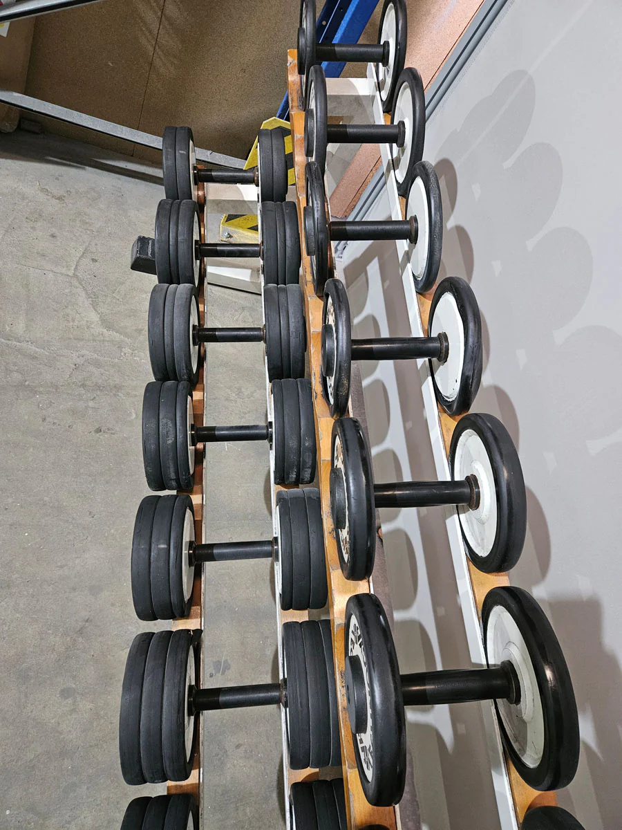 Technogym Kurzhantelsatz aus Guss mit Gummi Außenringen von 4 bis 32kg in 2kg Stufen ( 15 Paare ) Oldschool, Optional mit Kurzhantelablage, gebraucht - mit Gebrauchsspuren - Image 6